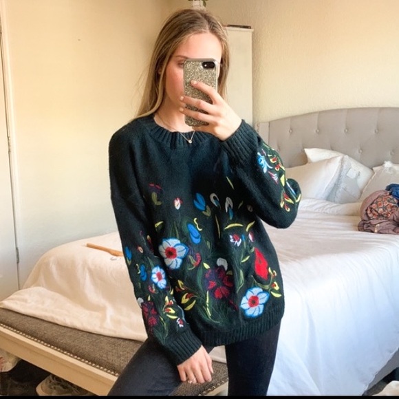 faded love Sweaters - FL Faded love green floral embroidered sweater